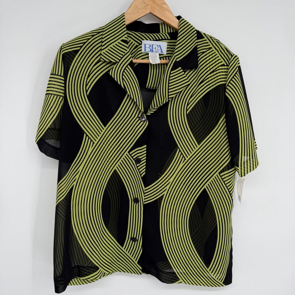 Vintage BFA Classics Top Women’s 12 Black & Green Sheer Retro 80’s Made In USA